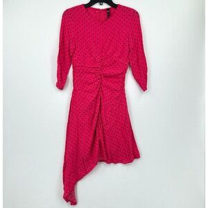Zara Womens Fit & Flare Dress Size S‎ Pink Black Polka Dot Asymmetrical Hem Zip